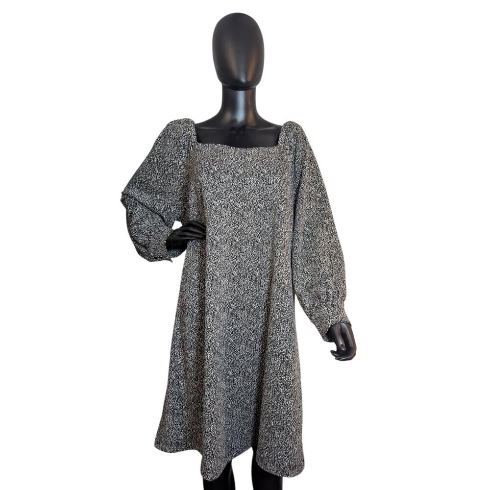 LOFT XL Black & White Knit A-Line Dress Square Neck Balloon Sleeves